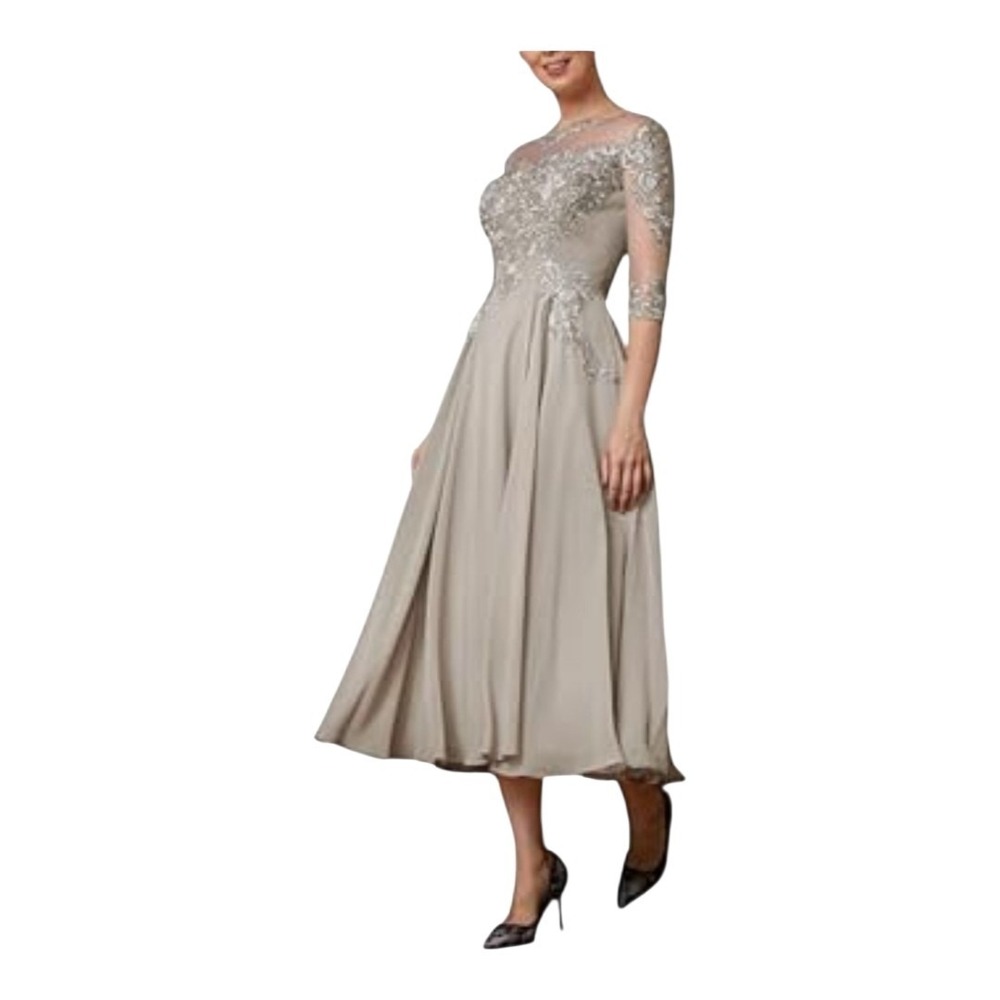 A-line Bateau Neck Lace Chiffon Hi Low Half Sleeve Mother of Bride Dress Size Sm